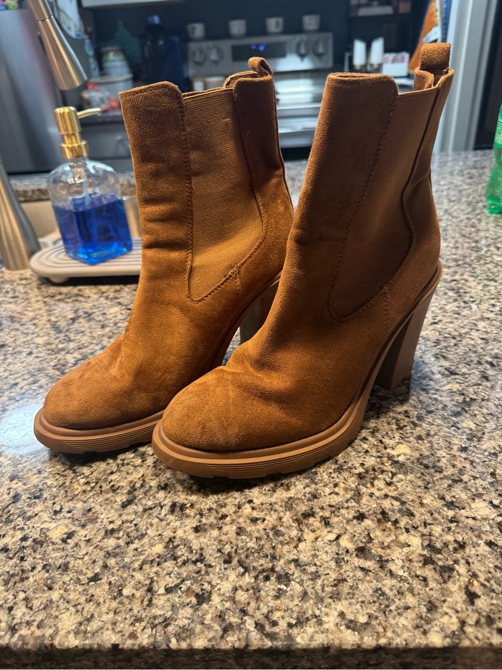Nine West Cognac Suede Chunky Heel Chelsea Boots